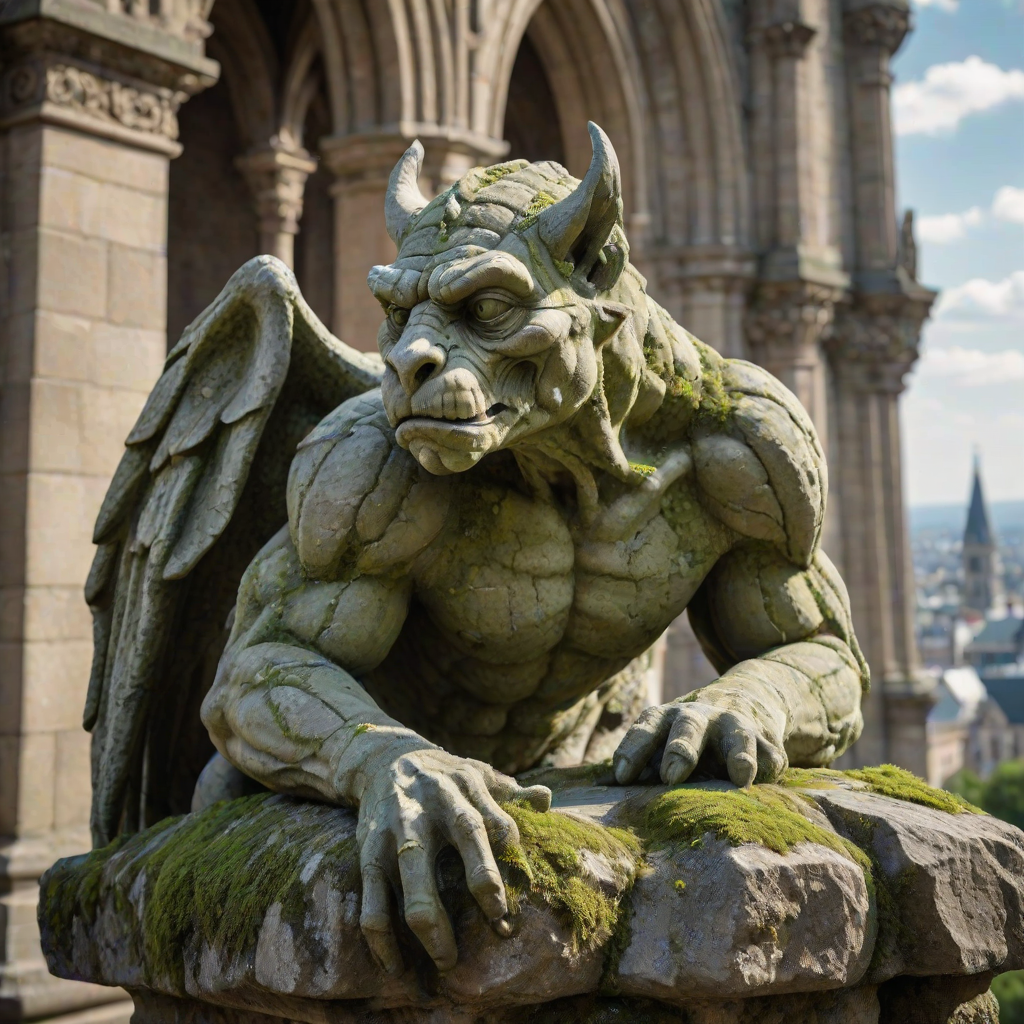 create an ultra-realistic and very detailed photograph of a very old stone gargoyle in a cathedral. the stone is a little worn, with some broken parts. cracks. moss. the background is a blurred image of the city. It includes shadows and contrasts to make the image more realistic