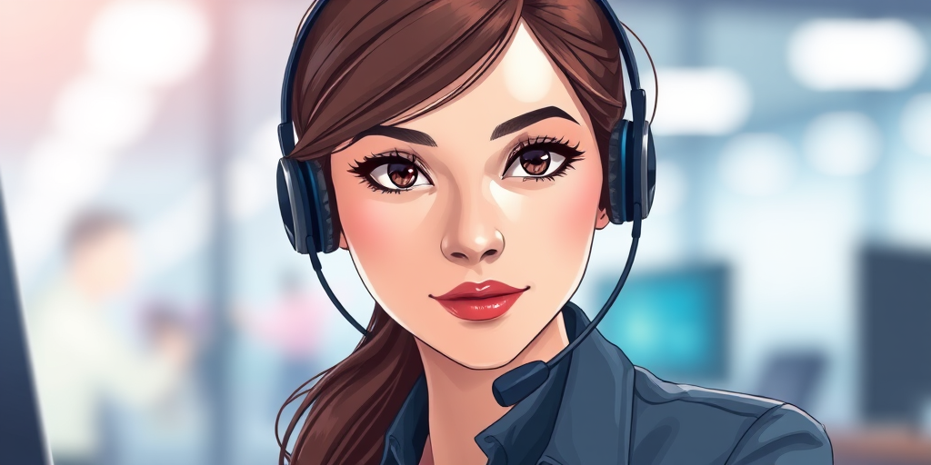Create a high-resolution illustration of a female call center operator wearing a headset, focus on her facial expression, use a 50mm lens at f/2.8, with a soft focus background, capturing vibrant colors and sharp details, digital art style.