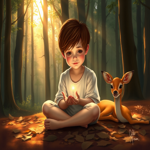 A luminous digital painting of a serene forest scene featuring a barefoot young boy, about 7 years old, with brown hair and fair skin, dressed in a simple white outfit. He sits cross-legged on the forest floor, gazing at a small, glowing, magical firefly in his hand. Beside him, a delicate spotted deer lies calmly on a bed of dried leaves, observing the scene. The dense forest is bathed in warm, golden light filtering through the trees, creating a peaceful, magical atmosphere with a blend of natural and mystical elements.