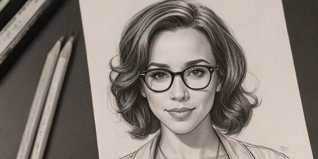 Radiant Lacey Chabert, pencil sketch, portrait of Bewitching woman 1922s in glasses, hair style beatnik, outline, clear lines, fine lines, 8k