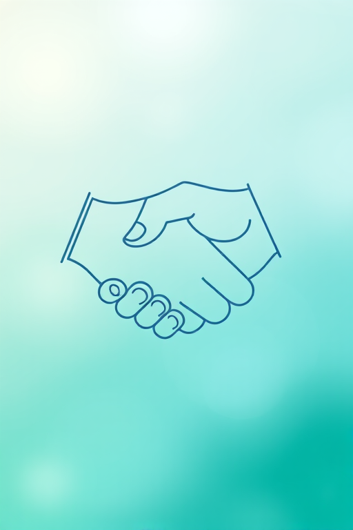 create a minimalistic vector design of two hands shaking, line art style, soft gradient background with shades of blue and green, depth of field effect, digital illustration, high resolution, camera settings: aperture f/8, shutter speed 1/125s, ISO 100, camera view: top-down, camera type: digital DSLR, camera style: modern.