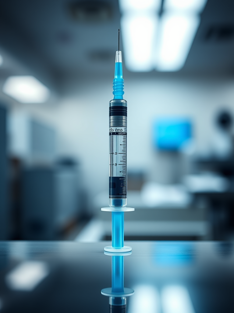 Generate a high-resolution image of a blue medical syringe with a clear barrel, in a soft-focused clinical environment, shot with a DSLR camera at f/1.8, ISO 100, shutter speed 1/200s, using a 50mm lens from a slightly elevated angle to capture the details and reflections.