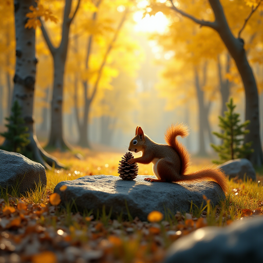 HD 8k close up of aspen trees , make the leaves have a bright but deep glowing effect, add black lines to highlight and detail the bark and leaves. The sun shines through a portion. Add some rock formations scattered throughout the forest area.  Place a squirrel close up on the rock formation. The view is eye level with the squirrel. The squirrel is cute and plump while he is trying to open a pine cone. Add a few dark green pine trees randomly.