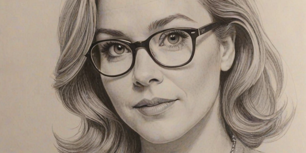 Radiant Rachael Harris, pencil sketch, portrait of Comely woman 1964s in glasses, hair style beatnik, outline, clear lines, fine lines, 8k