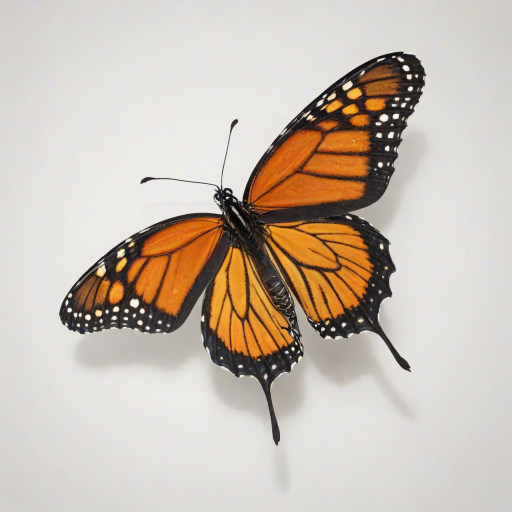 Generate an image of a monarch butterfly with vibrant orange and black wings, positioned in mid-flight against a plain white background, casting a subtle shadow beneath it.