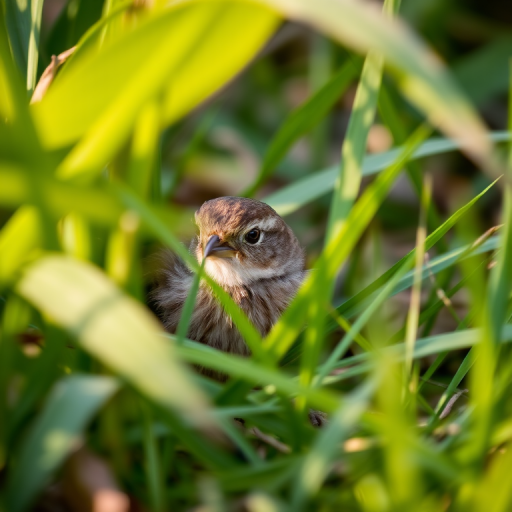 A small brown bird partially hidden in green grass and leaves, captured with a DSLR camera, 200mm lens, f/4 aperture, ISO 400, 1/250 sec shutter speed, shallow depth of field, natural lighting.