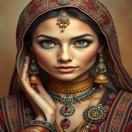 Create a portrait of a beautiful woman with striking hazel eyes and a gentle expression. She is adorned in traditional attire with intricate patterns, including a richly embroidered headscarf and matching garments. Her jewelry includes a delicate headpiece, dangling earrings, and ornate bracelets, all featuring vibrant gemstones and detailed metalwork. The background is soft and warm, enhancing the rich colors of her outfit and jewelry.