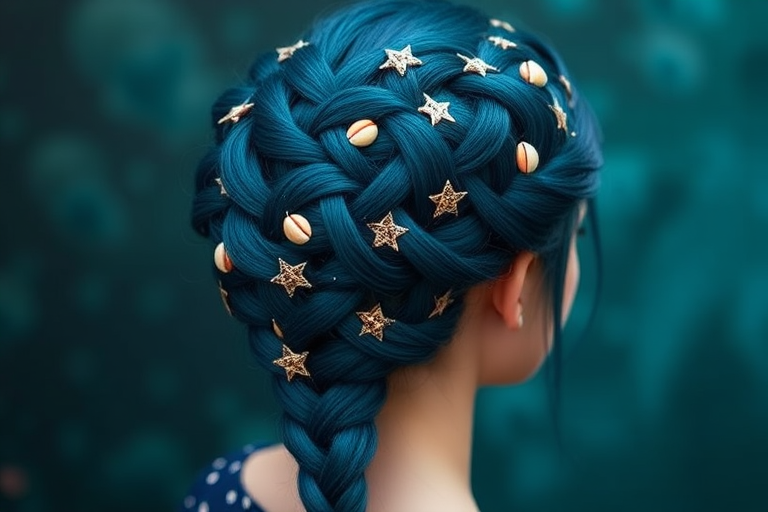 Bewitching Midnight Blue Mermaid Braid styled into an intricate fishtail plait, adorned with tiny seashells and starfish-shaped clips for an enchanting underwater-inspired look