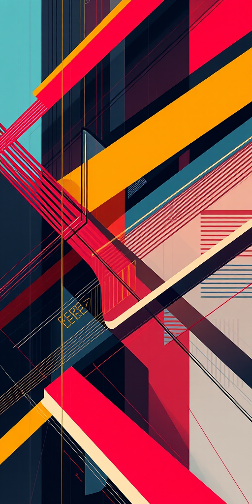 Regenerate the image of an abstract design featuring geometric shapes and lines, taken with a Canon EOS R5, 50mm lens, f/1.8 aperture, ISO 100, with a focus on high contrast and vibrant colors, using a wide-angle view for depth.
