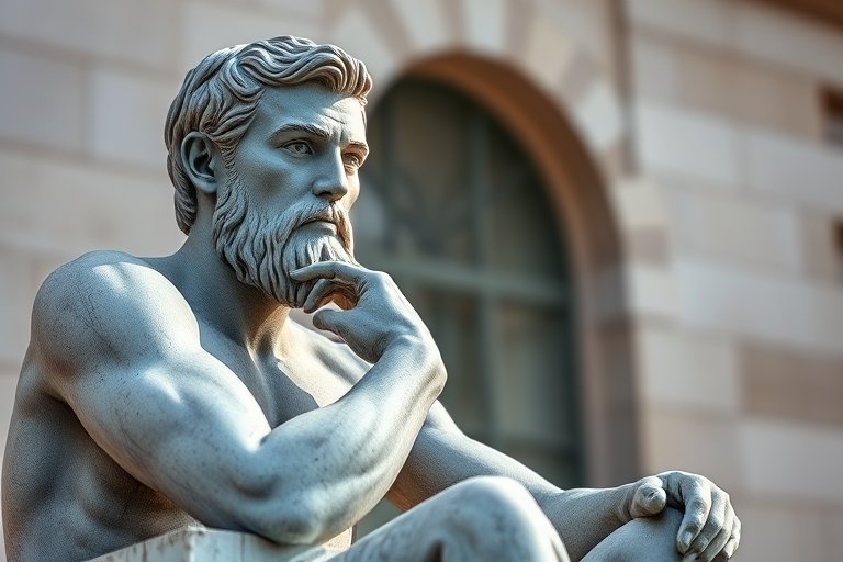 capture a detailed image of a seated male statue with a thoughtful expression using a Canon EOS R5, 50mm lens, f/1.8 aperture, ISO 100, in natural light from a low angle to enhance textures and shadows, ensuring a blurred background for focus on the statue