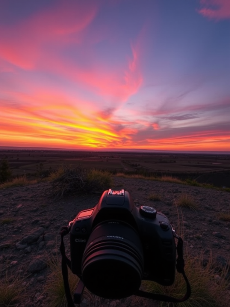 Create a high-resolution image of a serene landscape at sunset with vibrant colors, using a DSLR camera at f/8 aperture, 1/60 shutter speed, ISO 100, shot from a low angle for depth and clarity, with a wide-angle lens to capture the expansive view.