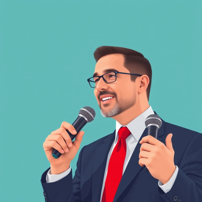 Create a vector illustration of a man in a suit with a red tie, engaging in a conversation while holding two microphones, captured in a clean, minimalist style, using a Canon EOS R5 with a 50mm lens at f/1.8, ISO 100, and a shallow depth of field for enhanced clarity and focus on the subject against a soft teal background.