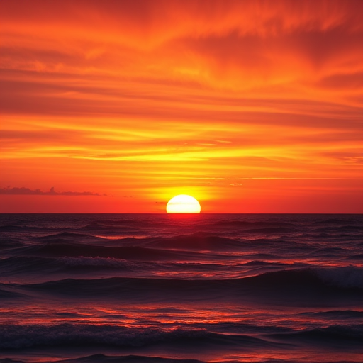 Create a high-resolution image of a sunset over the ocean with vibrant colors, using a DSLR camera, f/11 aperture, ISO 100, and a 24mm lens at a 1/60 second shutter speed, capturing the scene in a wide-angle view.