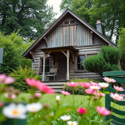 a weathered wooden house surrounded by lush greenery and blooming flowers in the foreground, taken from a low angle with a wide aperture to create a shallow depth of field, using a full-frame DSLR camera at 35mm, f/2.8, ISO 100, natural daylight for soft lighting
