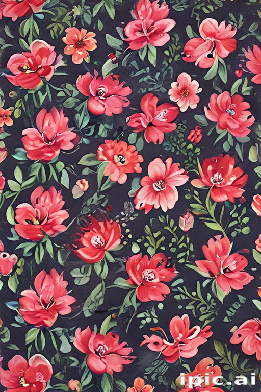 Vibrant Floral Pattern Featuring Richly Colored Flowers Against a Dark ...