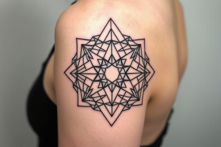 Minimalist blackwork tattoo named "Geometric Elegance" showcasing intricate patterns of thin lines forming complex shapes and sacred geometry, utilizing negative space for a striking contrast