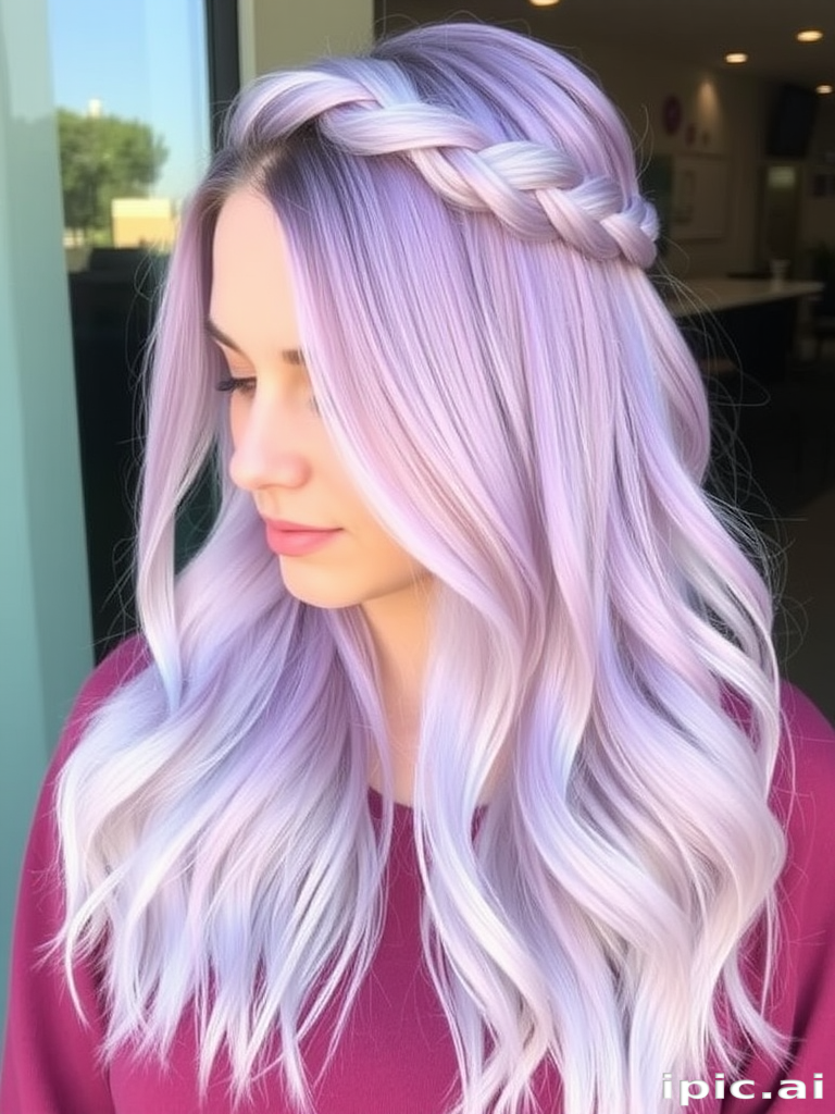 Pastel lavender ombré known as "Twilight Dream" gradually fading into silver tips, styled in loose beachy waves with a crown braid for whimsical charm