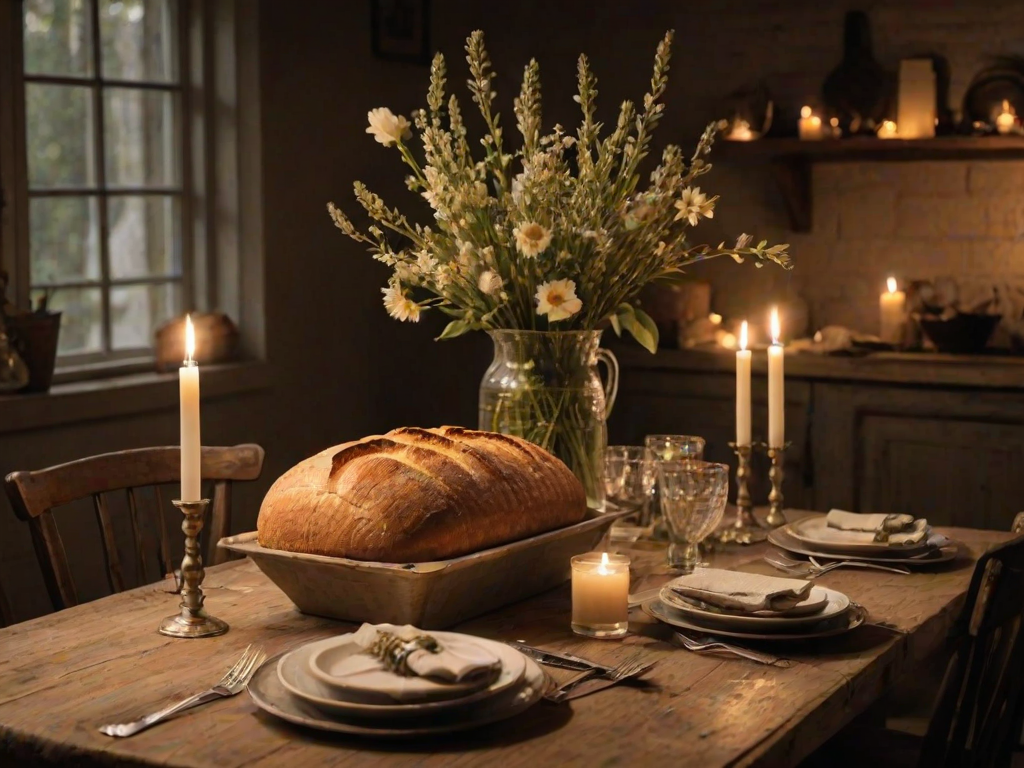 Warmly lit photo of a rustic farmhouse table set for dinner, with soft candlelight illuminating the tableware, a loaf of freshly baked bread, and flowers in a vase.