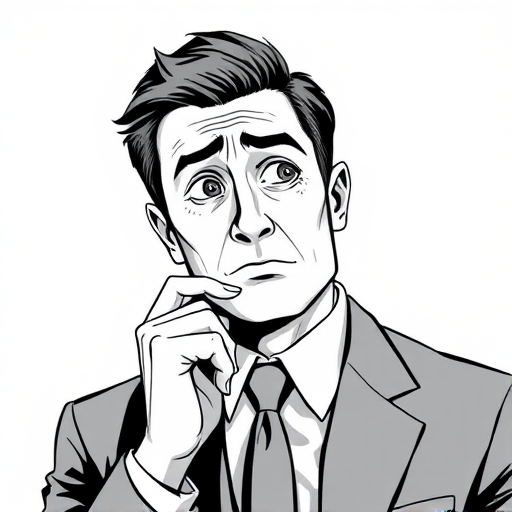 Create a high-resolution black and white illustration of a thoughtful man in a suit with a perplexed expression, using a Canon EOS R5 camera at f/2.8 aperture, 50mm lens, 1/125s shutter speed, with soft diffused lighting and a smooth background blur.