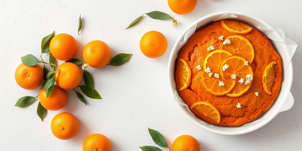 A round orange cake topped with orange slices and small white flowers in a white baking dish lined with parchment paper surrounded by fresh oranges and green leaves on a light textured surface.