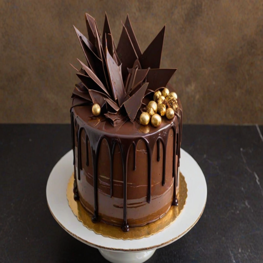 Create an image of a rich chocolate cake with multiple layers, showcasing a glossy chocolate ganache draping down the sides. The top should be decorated with chocolate shards and golden accents, emphasizing a luxurious and indulgent appearance. The background should be dark to highlight the cake's details.
