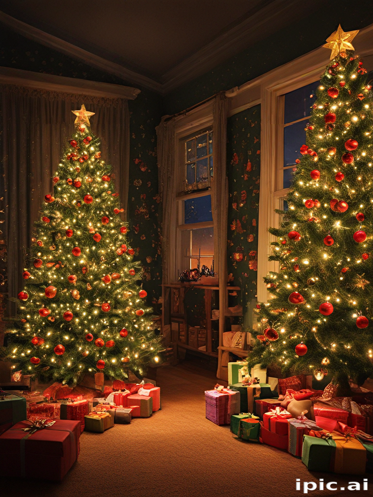 Cozy Holiday Scene with Two Beautifully Decorated Christmas Trees and ...