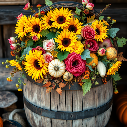 Create a vibrant watercolor painting of a rustic wooden barrel overflowing with autumn foliage, sunflowers, roses, pumpkins, and gourds, captured in a close-up view with a Canon EOS R5, 85mm f/1.2 lens, aperture set at f/2.8 for a softly blurred background, natural soft lighting to enhance colors and details.