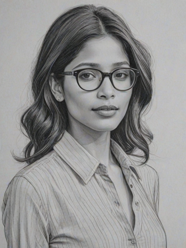 Attractive Freida Pinto, pencil sketch, portrait of Sublime woman 1929s in glasses, hair style beatnik, outline, clear lines, fine lines, 8k