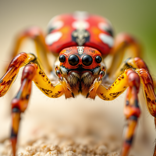macro shot of a brightly colored spider with detailed textures, shallow depth of field, f/2.8 aperture, ISO 100, 1/200 sec shutter speed, angled from slightly above to emphasize its features, using a DSLR camera with a 100mm macro lens and soft natural lighting to enhance clarity and contrast