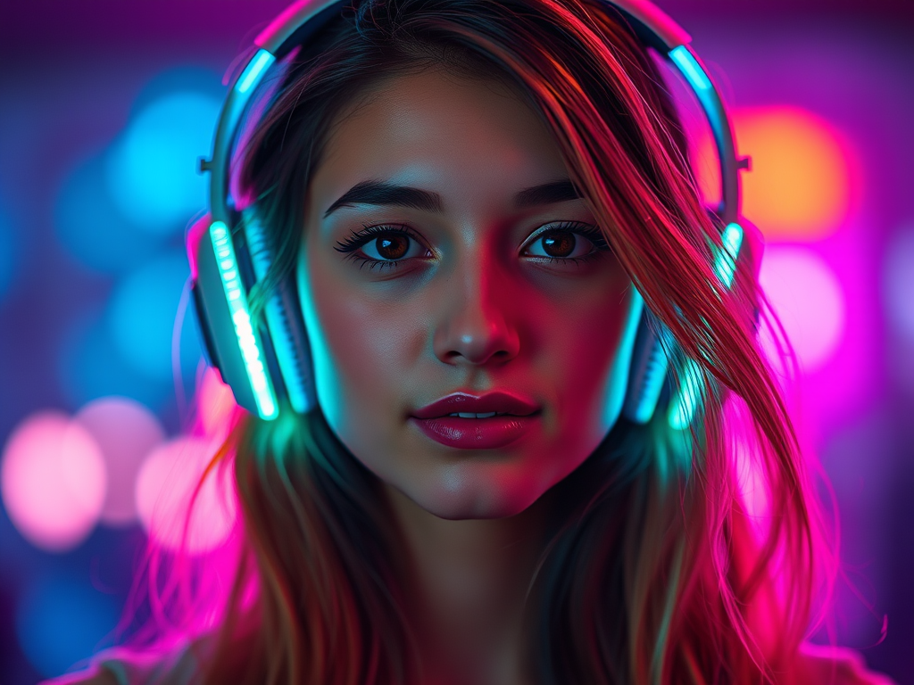 Portrait of a young woman with glowing headphones and colorful hair, vibrant light effects, soft focus, DSLR camera, f/1.8, ISO 100, 85mm lens, shallow depth of field, cinematic lighting.