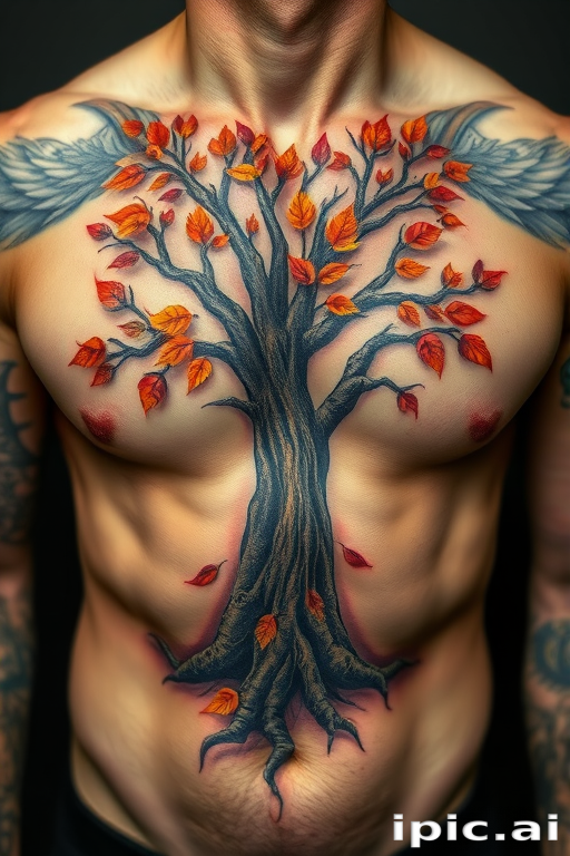 Realistic 3D body tattoo of a tree of life emerging from the skin on the chest, incorporating lifelike bark texture and vibrant autumn leaves for a stunning visual impact
