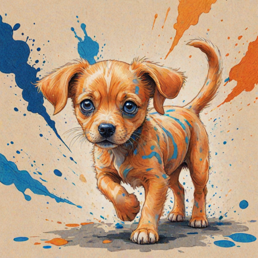 A vibrant childs coloured pencil drawn illustration of a bright orange dog with large, expressive blue eyes, a very cute style. The dog appears to be walking towards the viewer, surrounded by an abstract splash of colors and fine black lines, giving the image a dynamic and artistic flair. The background is a soft beige, highlighting the cat's vivid coloration and playful demeanor. Naively drawn scratchy line style.