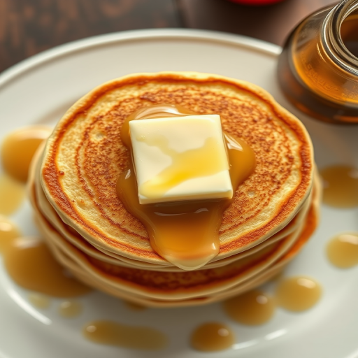 Create a detailed illustration of a stack of pancakes topped with a melting pat of butter, shot with a Canon EOS R5 at f/2.8, ISO 100, 50mm lens, in overhead view, using a soft focus style to enhance the texture and warmth of the pancakes.