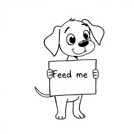 A minimalist cartoon of a PUPPY standing on a blank white background, holding a sign that simply says, 'Feed me.' The puppy is drawn with just a few lines: big eyes, whiskers, floppy ears, and a straight tail, giving it a comically desperate expression.
