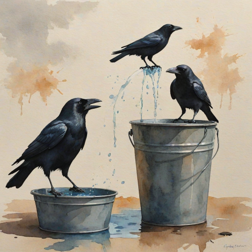 Create a watercolor painting of the silhouette of crows drinking water from a bucket, with muted colors and a textured background.