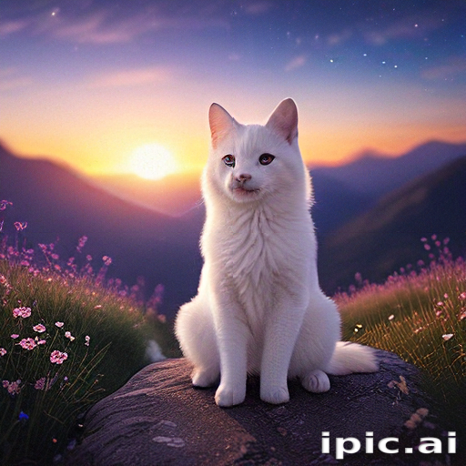 A Majestic White Cat Sitting on a Rock at Sunset in Nature.