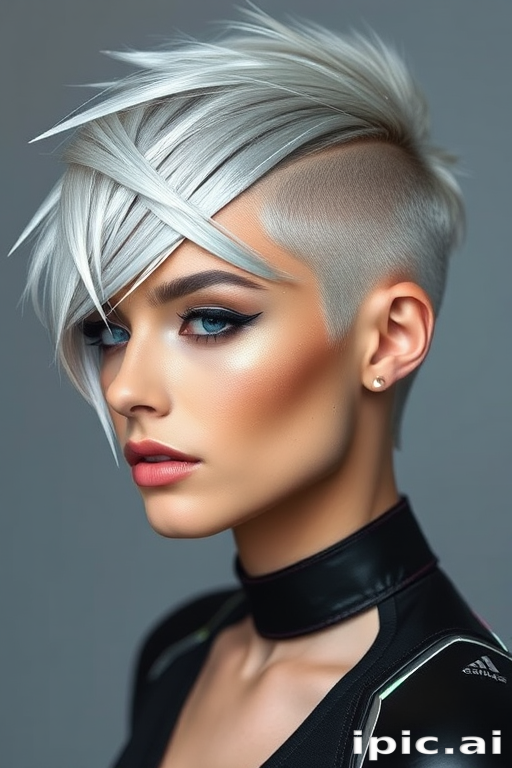 Metallic silver hair styled in a futuristic asymmetrical cut with sharp angles and geometric shapes, featuring holographic accents for a space-age aesthetic called Mercury Maven