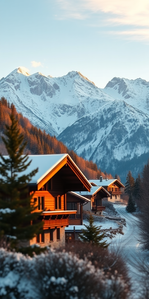 capture a breathtaking winter landscape of the Dolomites with snow-covered mountains in the background and quaint chalets in the foreground using a Canon EOS R5, 24mm focal length, f/8 aperture, ISO 100, natural light in the golden hour for enhanced image quality