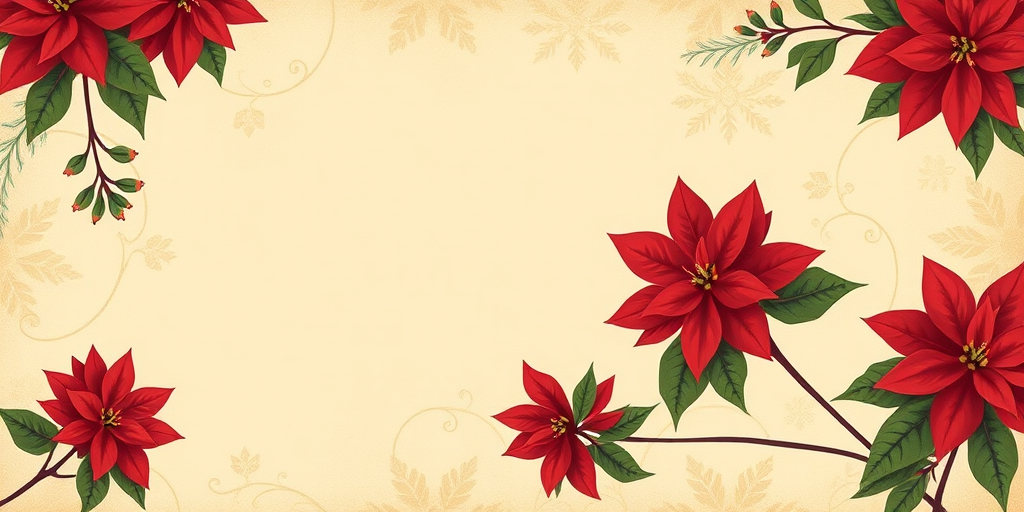 Create a vintage-style illustration of a festive background with red poinsettias in the corners, using a soft focus lens, f/2.8 aperture, 50mm focal length, natural light, and a DSLR camera for enhanced image quality.