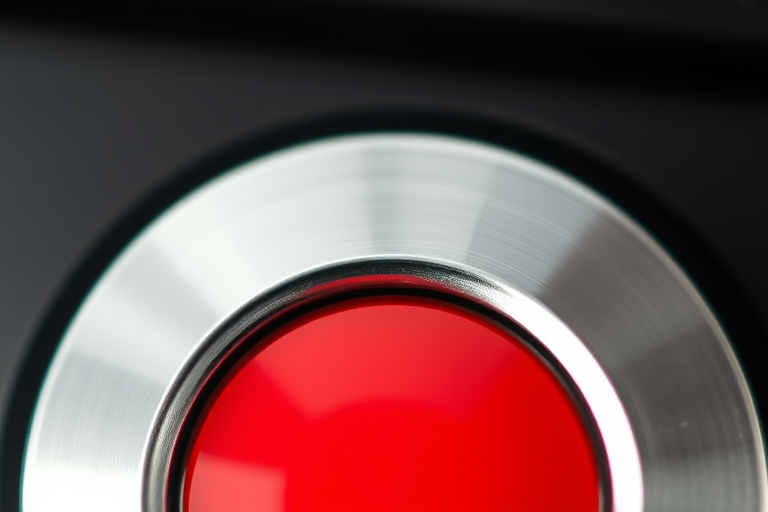 regenerate a high-resolution image of a shiny red button with a silver metallic border, use a Canon EOS R5 camera, aperture set to f/2.8, ISO 200, shutter speed 1/125s, taken in macro view to enhance detail and clarity.