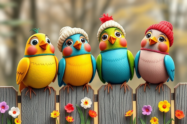 create a scene of 4 quirky  whimsical colourful comical birds each with a funny expression. they are sat on a wooden fence with colourful flowers. they are all different sizes. each one is a different colour  one is wearing a woolly hat. Each one has a different quirky google expression and there is a muted background of trees watercolour paintierly style high definition 8k resolution 3D paper mache