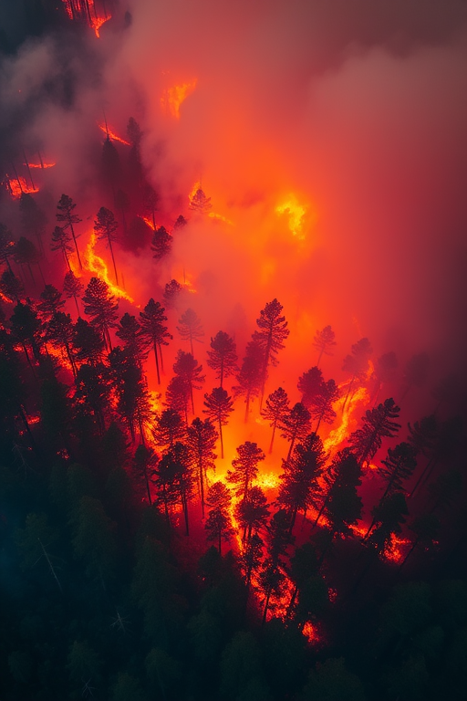 aerial view of a forest fire, vibrant flames engulfing trees, smoke swirling, captured with a Canon EOS R5, 24mm lens, f/2.8, ISO 400, 1/200s, high dynamic range, dramatic lighting, rich colors