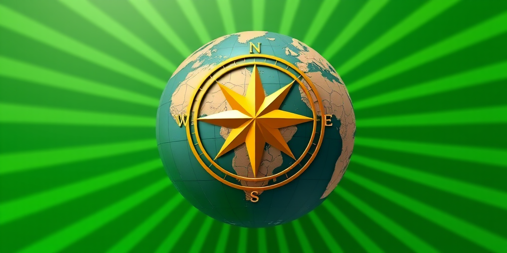 Create a high-resolution image featuring a golden compass symbol overlaid on a three-dimensional globe, with a vibrant green radial background, using a DSLR camera with a 50mm lens, aperture set to f/2.8, ISO 100, and shot at a 45-degree angle for dynamic perspective.