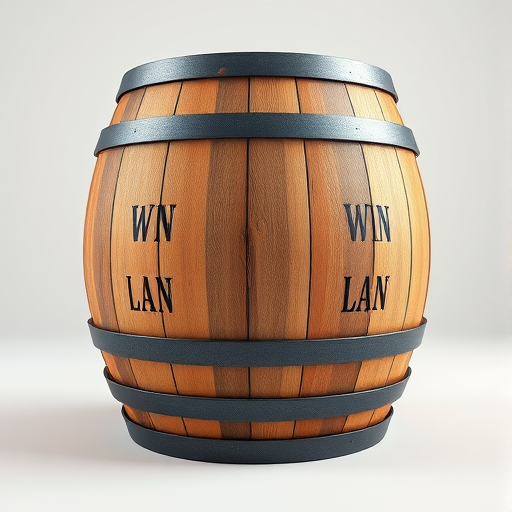 Create a detailed 3D rendering of a wooden barrel with realistic textures, in a well-lit environment, using a DSLR camera with a 50mm lens, aperture set to f/2.8, ISO 100, shot at eye level to highlight the wood grain and metallic bands.