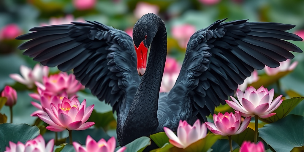 Regenerate a high-resolution image of a black swan with expansive wings, surrounded by vibrant pink and white lotus flowers, using a Canon EOS R5 with a 50mm f/1.2 lens, aperture set to f/2.8, ISO 100, and a soft-focus background to enhance details and depth.