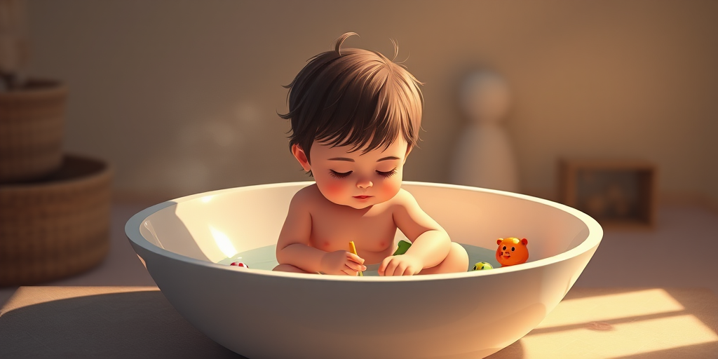 Create an illustration of a child sitting in a large shallow bowl, playing with small toys, with soft, ethereal lighting, using a Canon EOS R5, f/2.8 aperture, 50mm lens, shot from a close-up perspective.