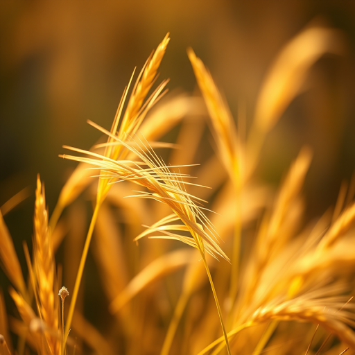 A close-up of golden grass blades swaying gently in the sunlight, captured with a DSLR camera at f/2.8, ISO 100, shutter speed 1/200s, 50mm lens, shallow depth of field for a soft bokeh effect, emphasizing the rich textures and warm golden hues.