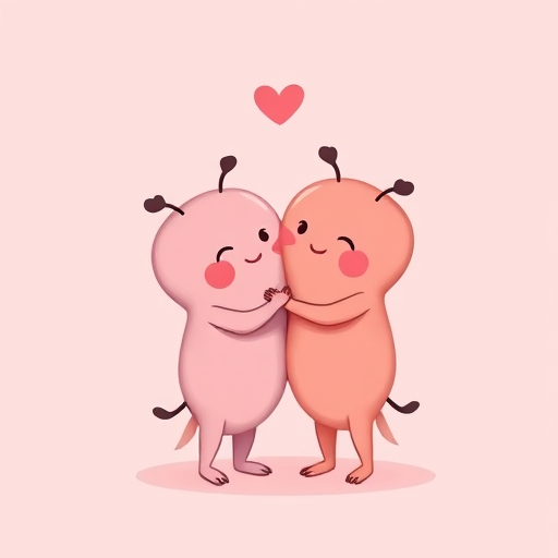 create a minimalist illustration of two cartoon hearts embracing each other with soft pastel colors, use a Canon EOS R5 camera with a 50mm f/1.8 lens, set aperture at f/2.8, ISO 100, and a shallow depth of field, with a soft pink background and gentle lighting to enhance the warmth and affection in the scene