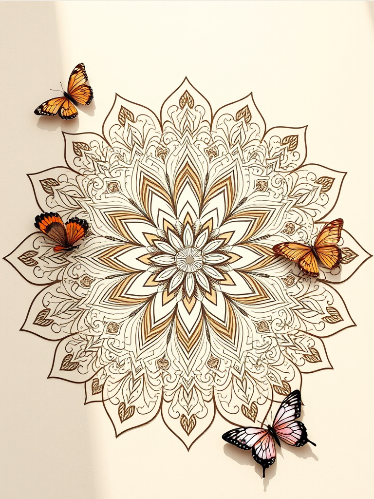 Generate a high-resolution mandala design featuring intricate floral patterns and butterflies on a soft beige background, shot with a DSLR camera at 50mm with an aperture of f/2.8, ISO 100, in natural light to enhance details and contrast.