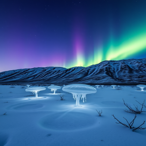 Capture the northern lights illuminating a frosty landscape with jellyfish-like formations, using a Canon EOS R5, 24mm lens, f/2.8 aperture, ISO 800, 30 seconds exposure, shot from a low angle for dramatic effect under a clear night sky.